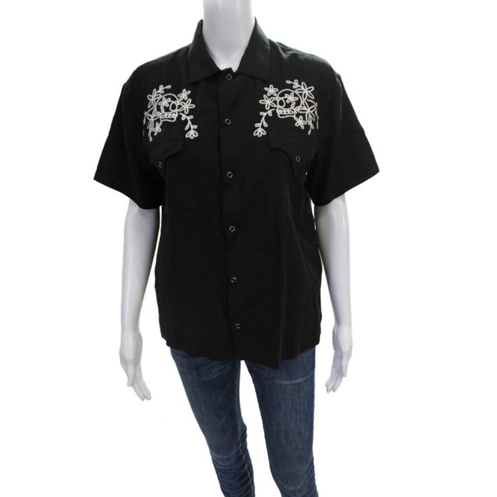 Double Rainbouu Unisex Adults Tencel Buttonup Black Floral Skull Size 2XS